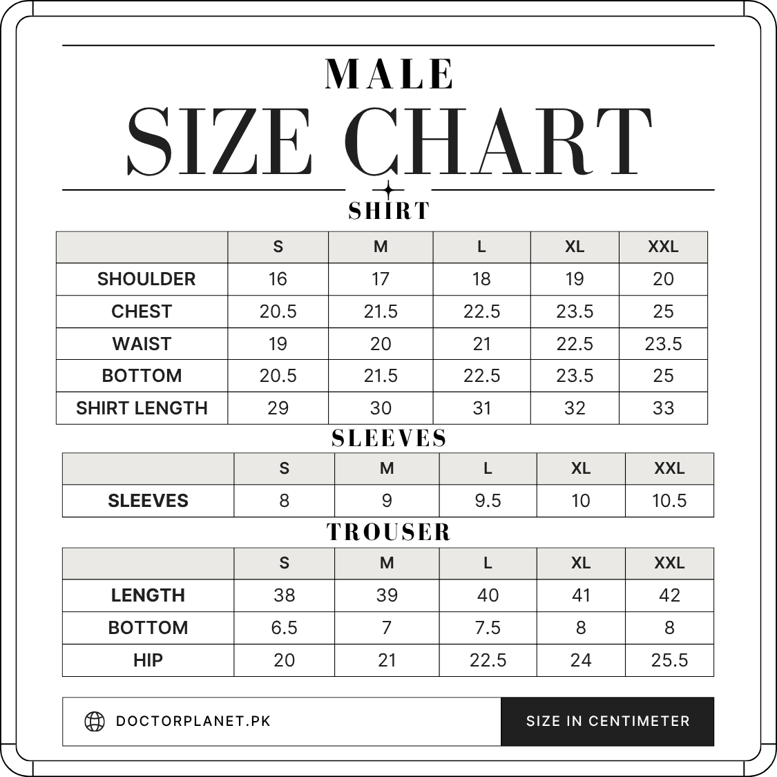 Charcoal Grey - Flexon size chart